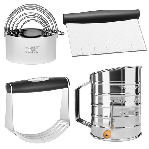 HULISEN Pastry Cutter, Dough Blender, 3 Cup Flour Sifter and Biscuit Cutter, Stainless Steel Dough Cutter, Professional Baking Dough Tools for Cooking Cookies and Donuts(4 Pcs/Set)