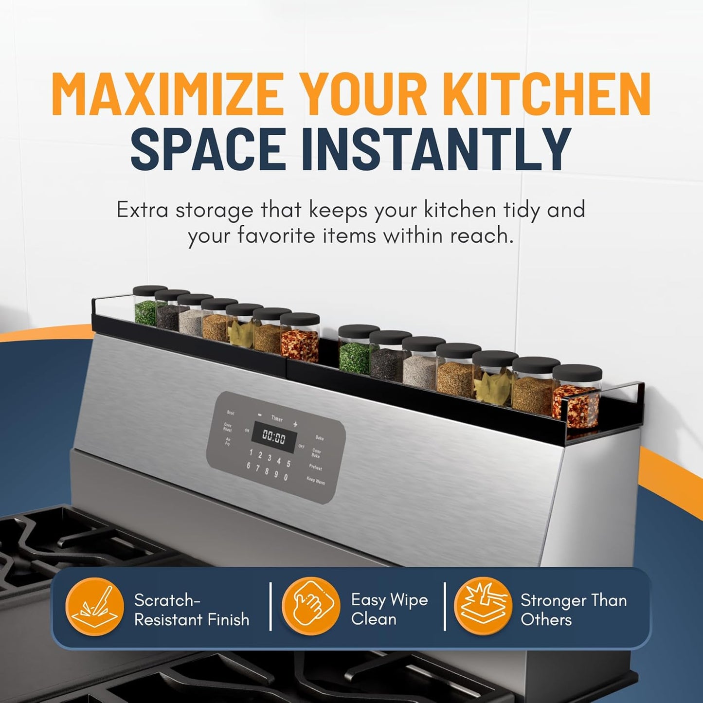 Skiennix Extendable Steel Over The Stove Shelf - Magnetic Spice Rack For Kitchen (16 to 30 Inches)