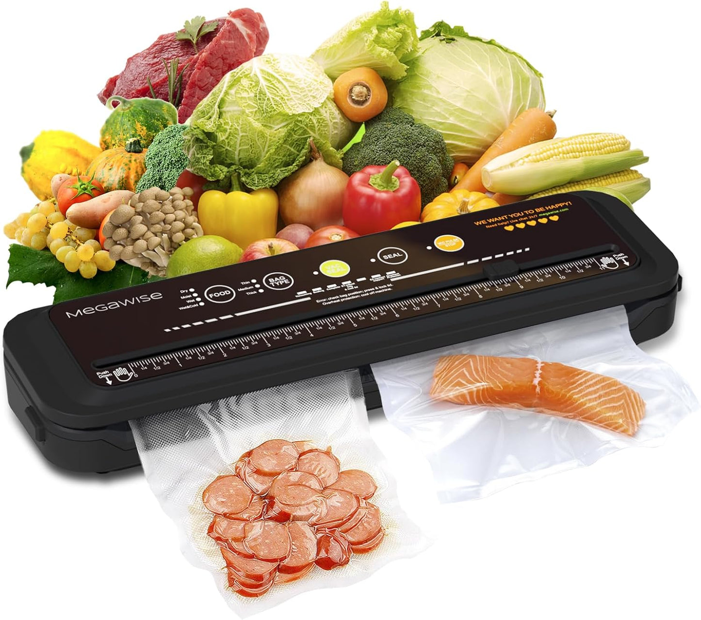 MEGAWISE Model B 2025 Vacuum Sealer - Powerful One-Touch Automatic Food Sealer for All Foods | Compact Design (Black)