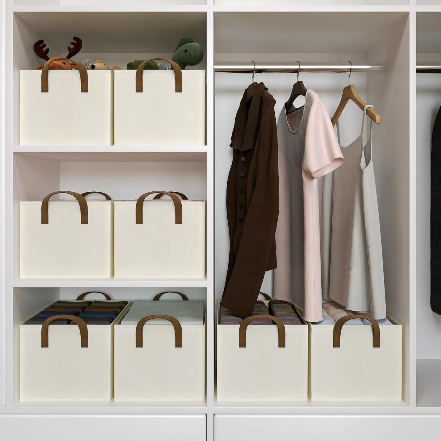 Regine Switzerland Closet Storage Bins - Collapsible Fabric Organizers for Bedroom | Beige, 3 Pack