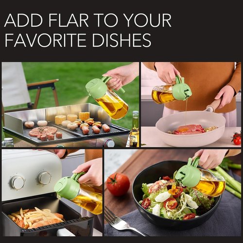 Glass Olive Oil Sprayer 16oz/470ml – 2 in 1 Oil Dispenser for Kitchen Appliances, Cooking Spray Bottle for Salad (Green), Frying, BBQ, Grilling | Premium Kitchen Gadgets & Accessories