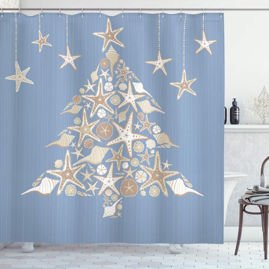 Christmas Nautical Shower Curtain - Sea Life & Noel Tree Design, 69x70", Beige