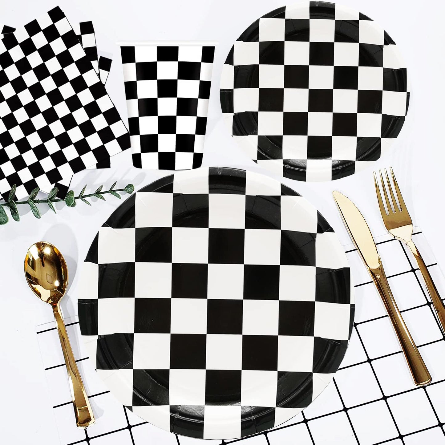 Black and White Checkered Race Car Party Supplies 150Pcs,Racing Party Tableware Set 9"& 7"Checkered Plates and Checkered Flag Napkins Knives Forks Spoons for Race Car Themed Birthday Party Decorations