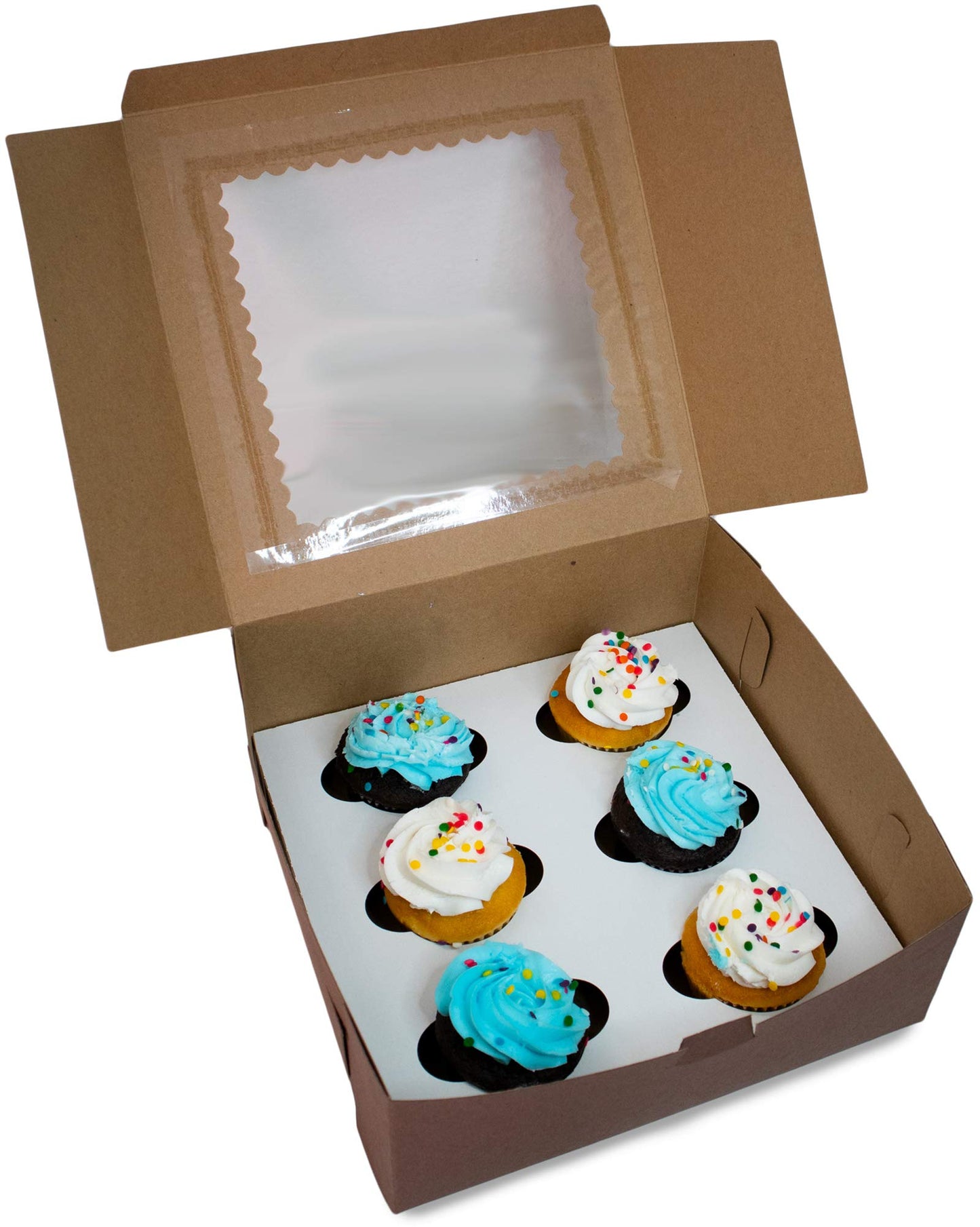 Made in USA 10" X 10" X 4" Recycled Chocolate Kraft Boxes for 6 Cupcakes with Scalloped Window & Inserts (Pack of 10 – Front Loading)