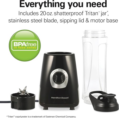 Hamilton Beach Go Sport Portable Blender - 20 Oz Travel Jar, 600 Watt Motor, Black
