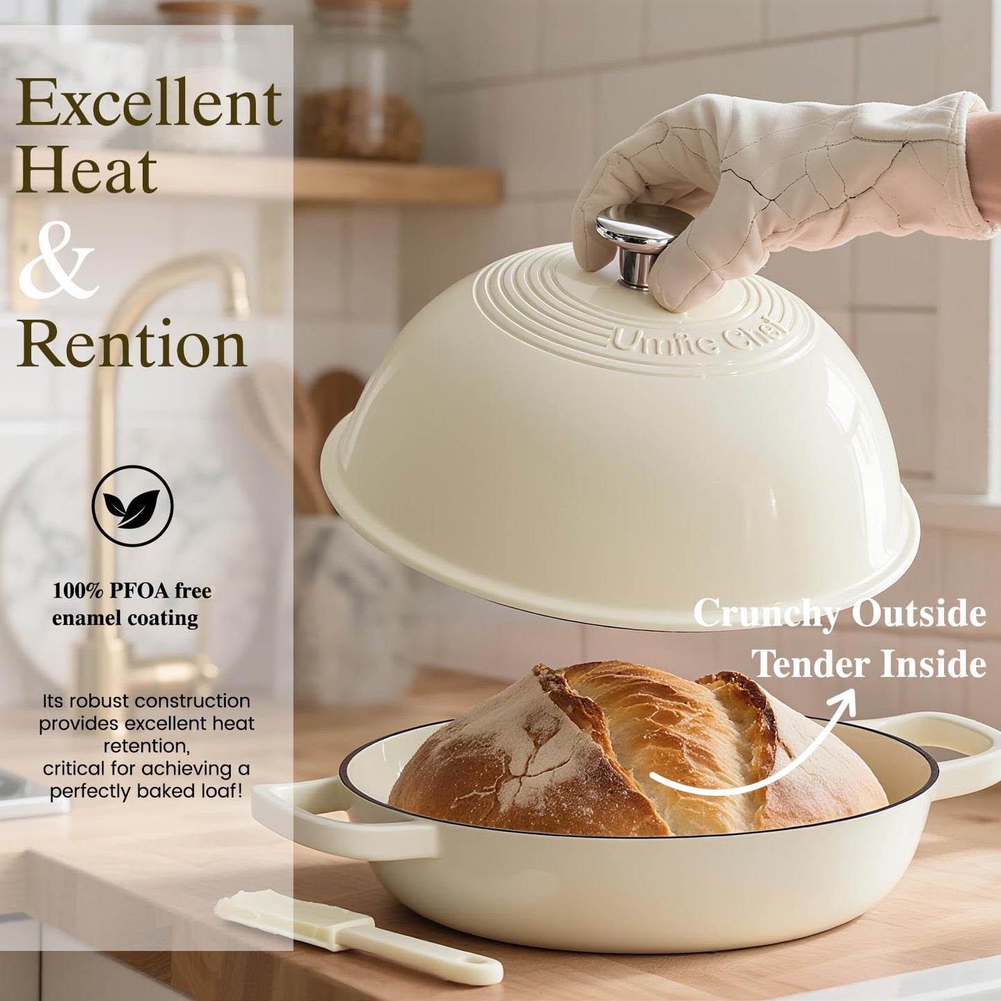Enameled Round Cast Iron Bread Oven, 6 Qt Cast Iron Dutch Oven for Homemade Sourdough Bread Baking, Bread Pot with Dome Lid & Cotton Potholders (Cream White)