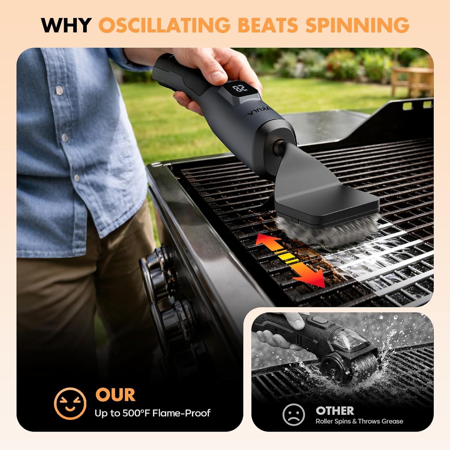 Skiennix Electric Grill Brush - Cordless Bristle-Free BBQ Cleaner with 3 Heads | 240 Mins Runtime (Gray)