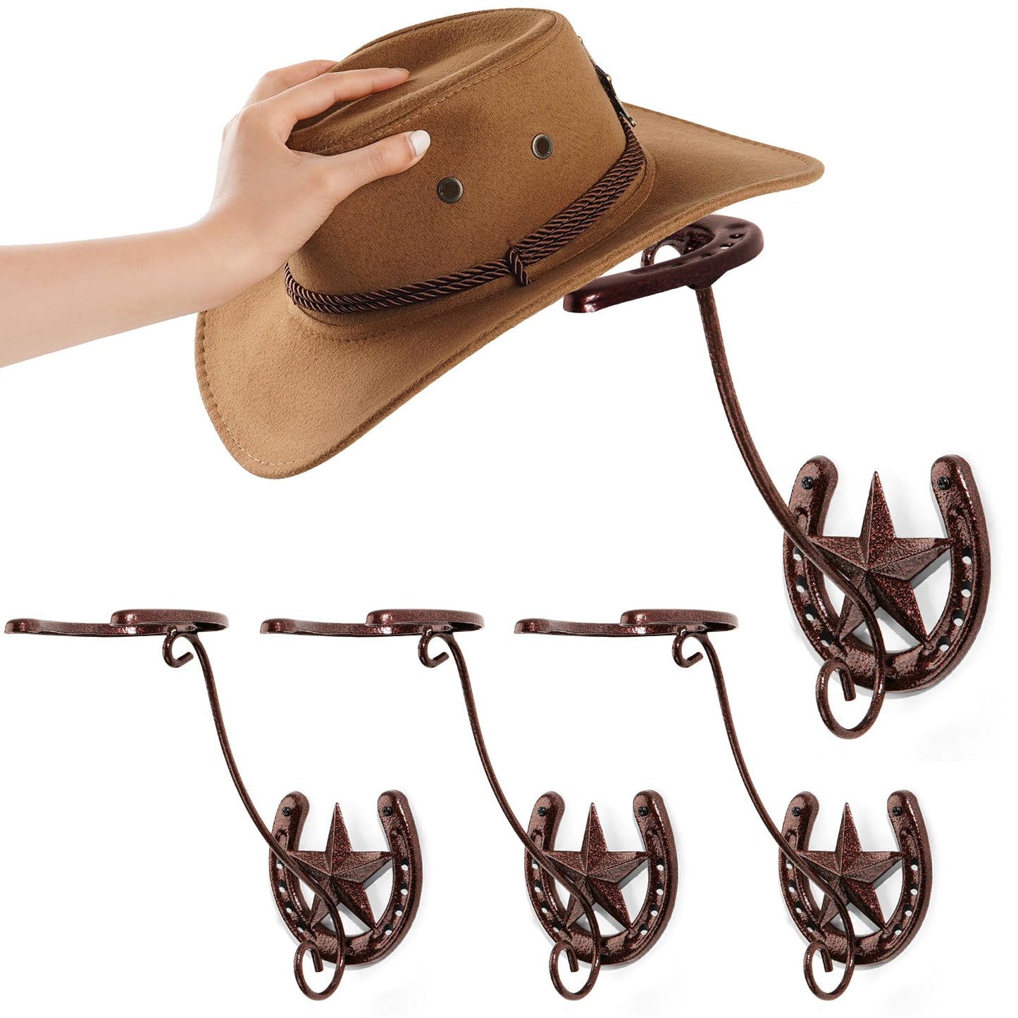 HYDERMUS Cowboy Hat Organizer Rack for Wall 4 Pack Metal Cowboy Hat Holder Wall Mounted Iron Western Wall Decor Horseshoe Hat Hanger for Storage and Display at Closet Bedroom Living Room