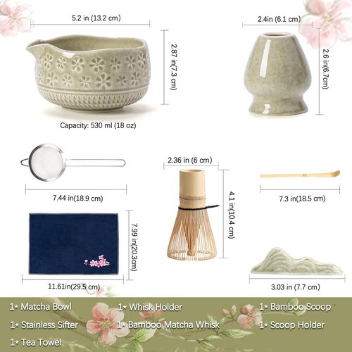 Buucup Matcha Whisk Set - Complete 7-Piece Ceramic Kit with Bowl, Whisk, Scoop & More | Mottled Green