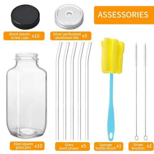 CUCUMI 10pcs 16oz Glass Juice Bottles with Lids, Reusable Juice Containers Drinking Jars Water Cups with Brush, Glass Straws, Lids with Hole