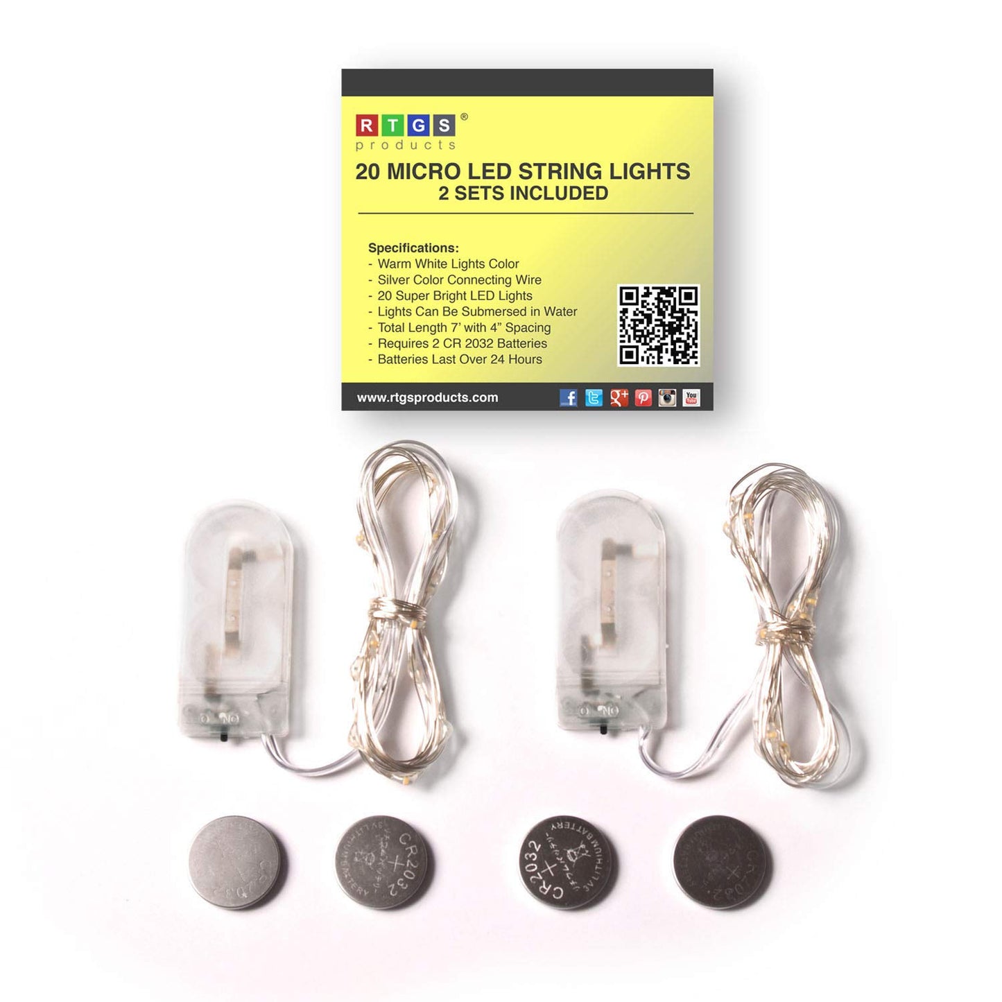 RTGS 2-Pack 20 LED Copper Wire Twinkle Fairy Lights, Battery Powered, Waterproof — Christmas, Holidays, Wedding, Party — Bedroom, Living Room — 6.5 Ft, Warm White, Indoor & Outdoor