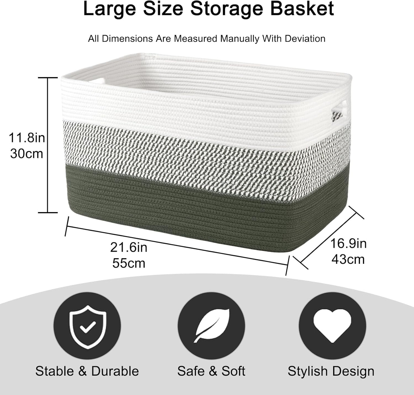 OIAHOMY Large Woven Blanket Basket - Stylish Nursery & Living Room Storage | 22”x17”x12” | Green/White