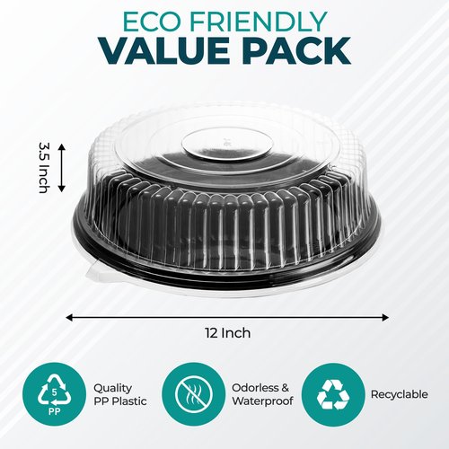 12" Catering Trays With Lids [3 Pack] - Black Serving Tray, Clear Lid, Plastic Disposable Round Party Platters, Flan Containers, Dessert Sandwich Cookie Food Trays for Parties