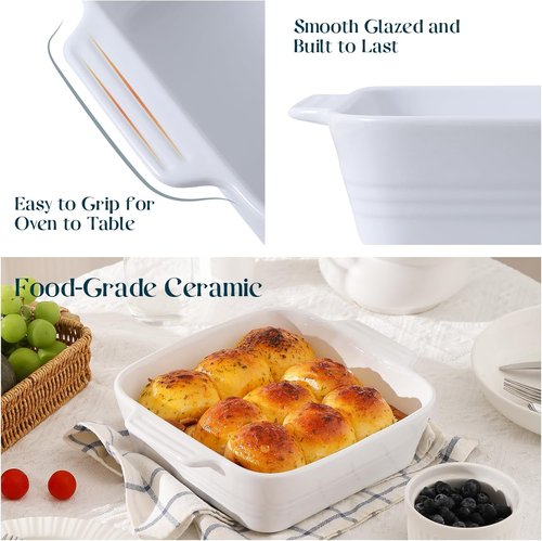 DOWAN 8x8 Ceramic Baking Dish - Versatile Square Casserole Pan with Handle | 2 Quart, Bright White