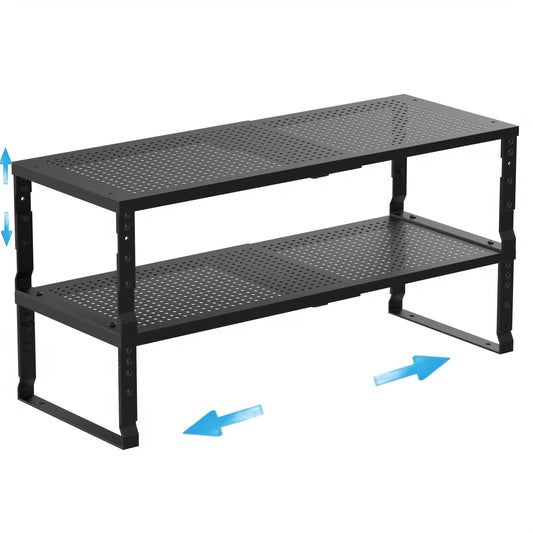 Wobmmi Expandable Spice Rack Kitchen Cabinet Shelf Organizer, Stackable Storage Shelves Racks, Adjustable Counter Shelving for Cabinets, Countertop, Cupboard,Pantry and More(2Packs/Black/Large)