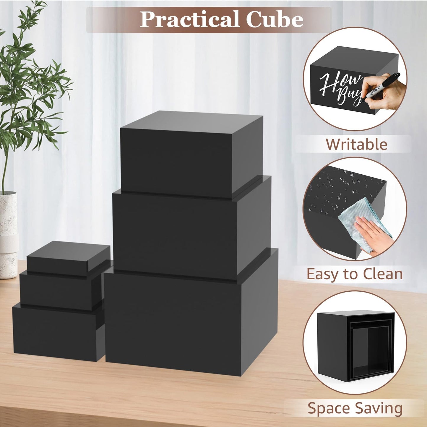 6Pcs Black Buffet Risers Set (Size 5",6",7",8",9",10"),Food Risers for Buffet Table Display Stand Shelf for Party Catering Dessert Collectibles Acrylic Cube Boxes Display with Hollow Bottoms