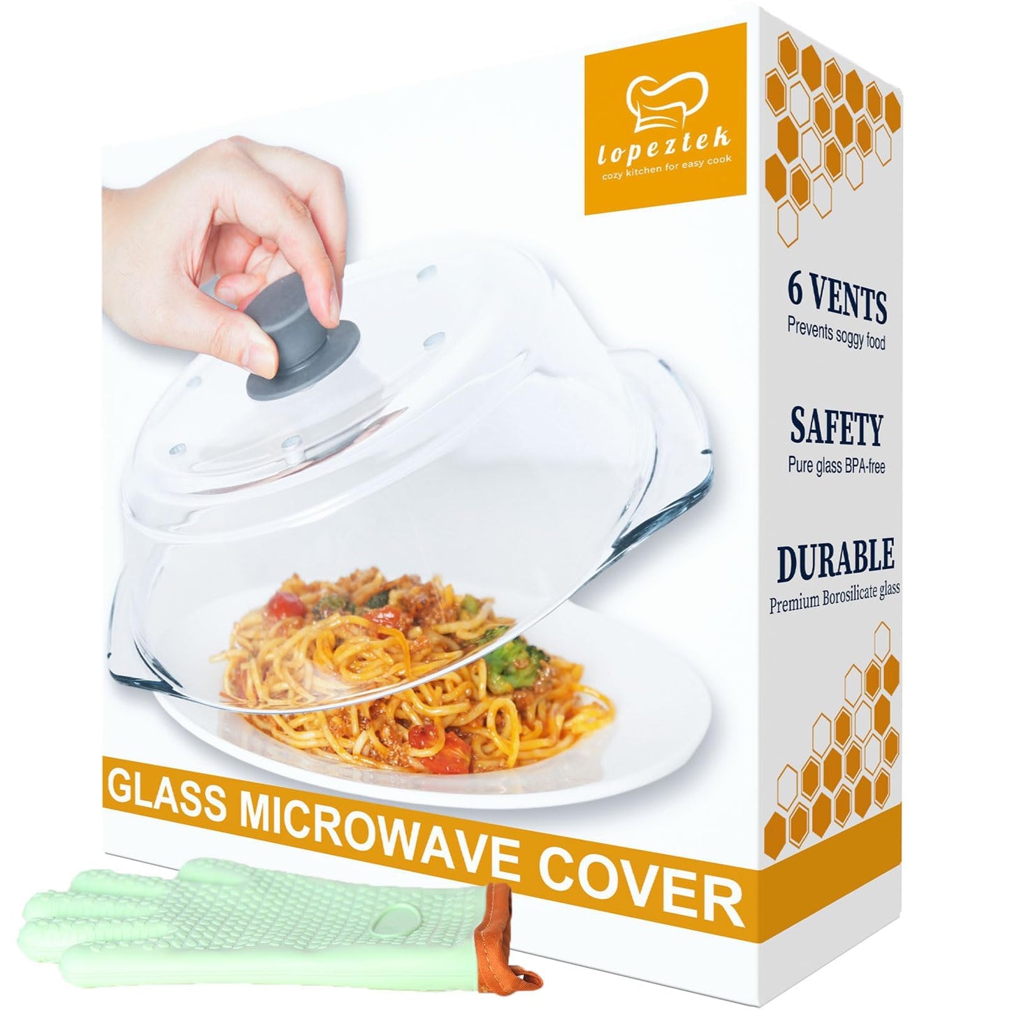 lopeztek Glass Microwave Splatter Cover, Glass Microwave Oven Covers for Food, Splatter Guard for Dish Plate, BPA Free & Dishwasher Safe Lid with Silicone Handle
