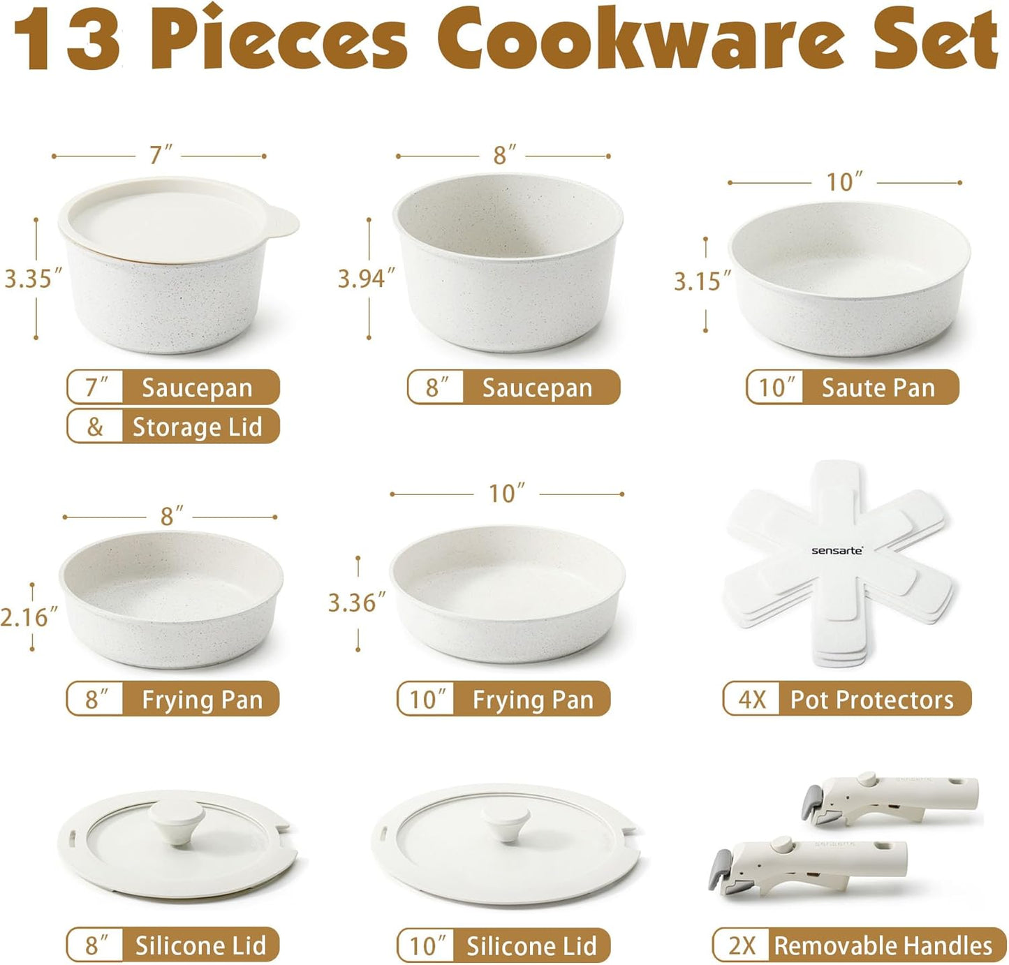 SENSARTE 13-Piece Nonstick Cookware Set - Detachable Handle & Induction Compatible | Dishwasher & Oven Safe (White)