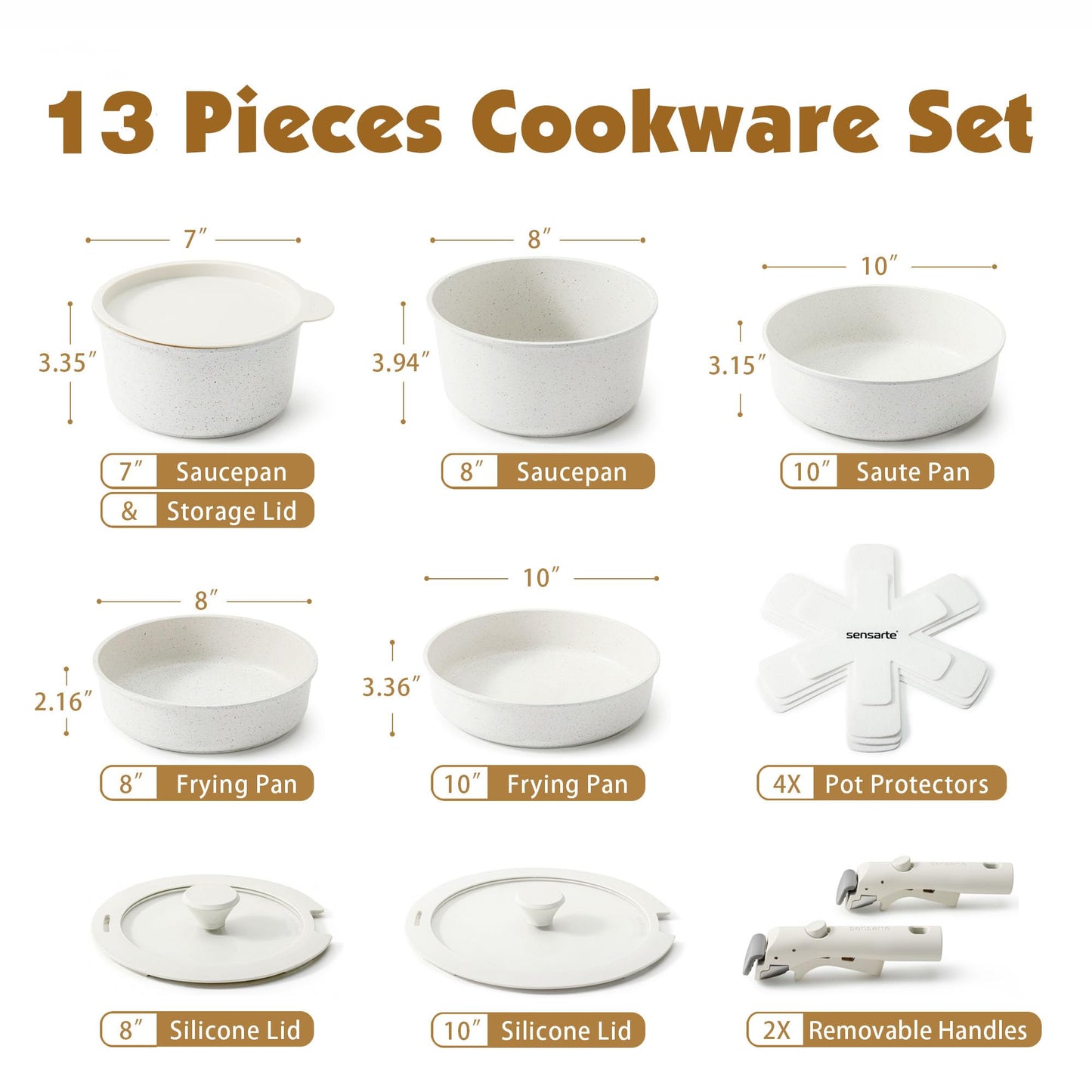 SENSARTE 13 Piece Pots and Pans Set, Nonstick Detachable Handle Cookware, Induction Kitchen Cookware Set with Removable Handle, Healthy Non Stick for RV, Dishwasher ＆ Oven Safe (White)