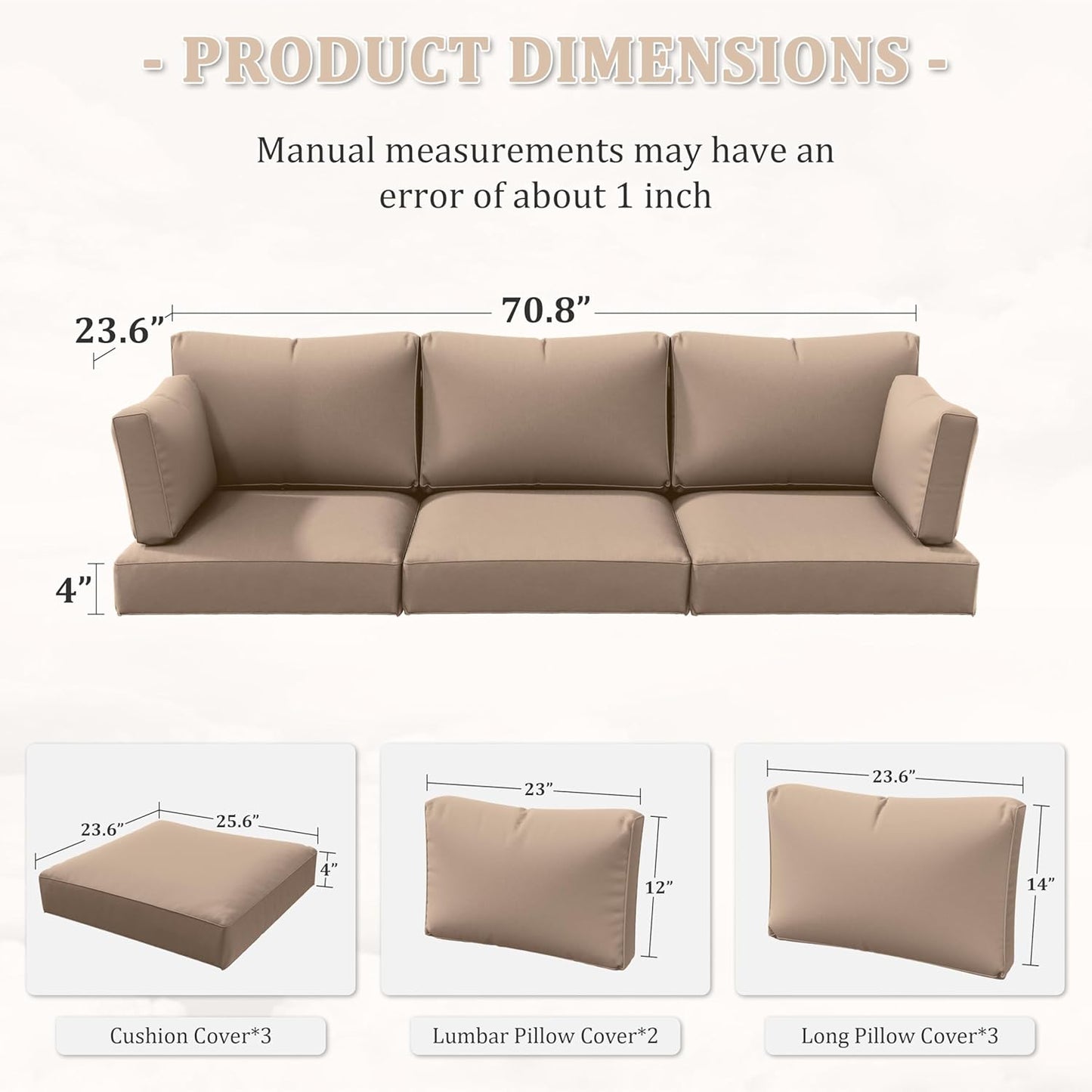 Skiennix Outdoor Patio Cushion Covers - Waterproof, Non-Slip, Zippered - 8 Pcs, Sand Color