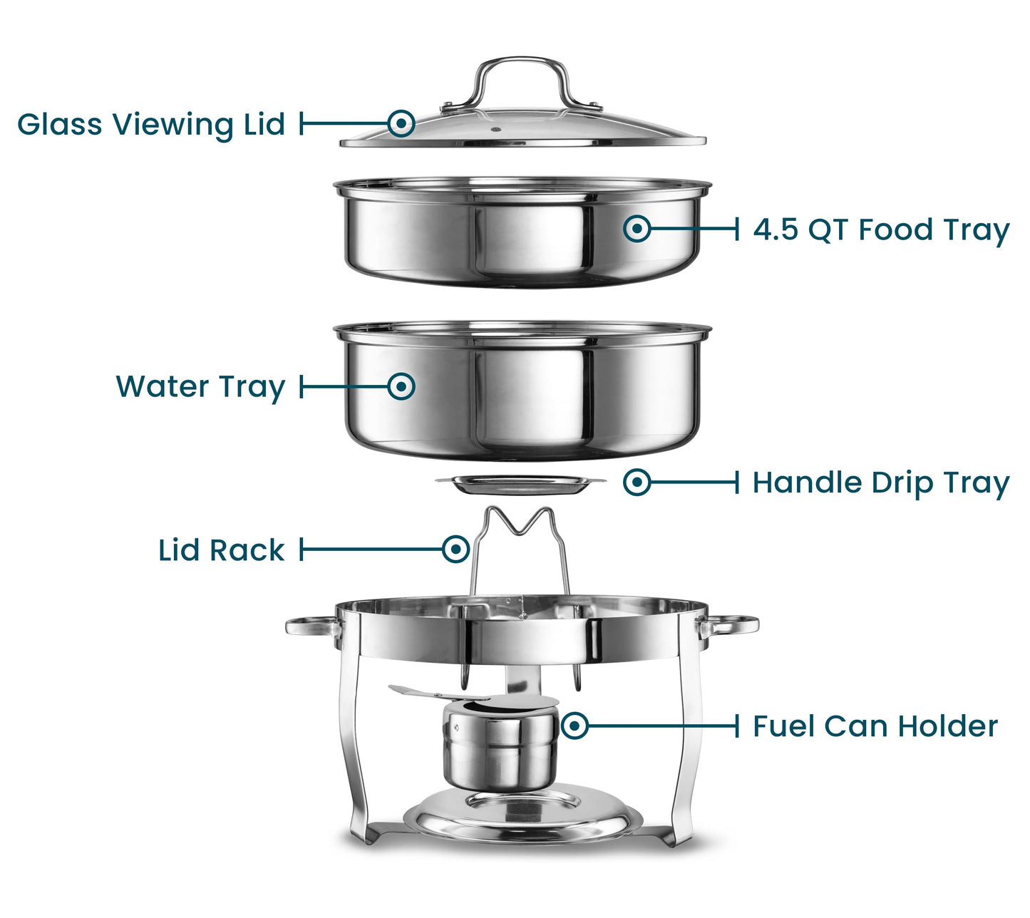 Chafing Dish for Buffet Set, by Kook, Catering Food Warmers, Round Dishes, Warmer Tray, Stainless Steel with Glass Cover and Holder, for Parties, Dinners, 4.5 Qt