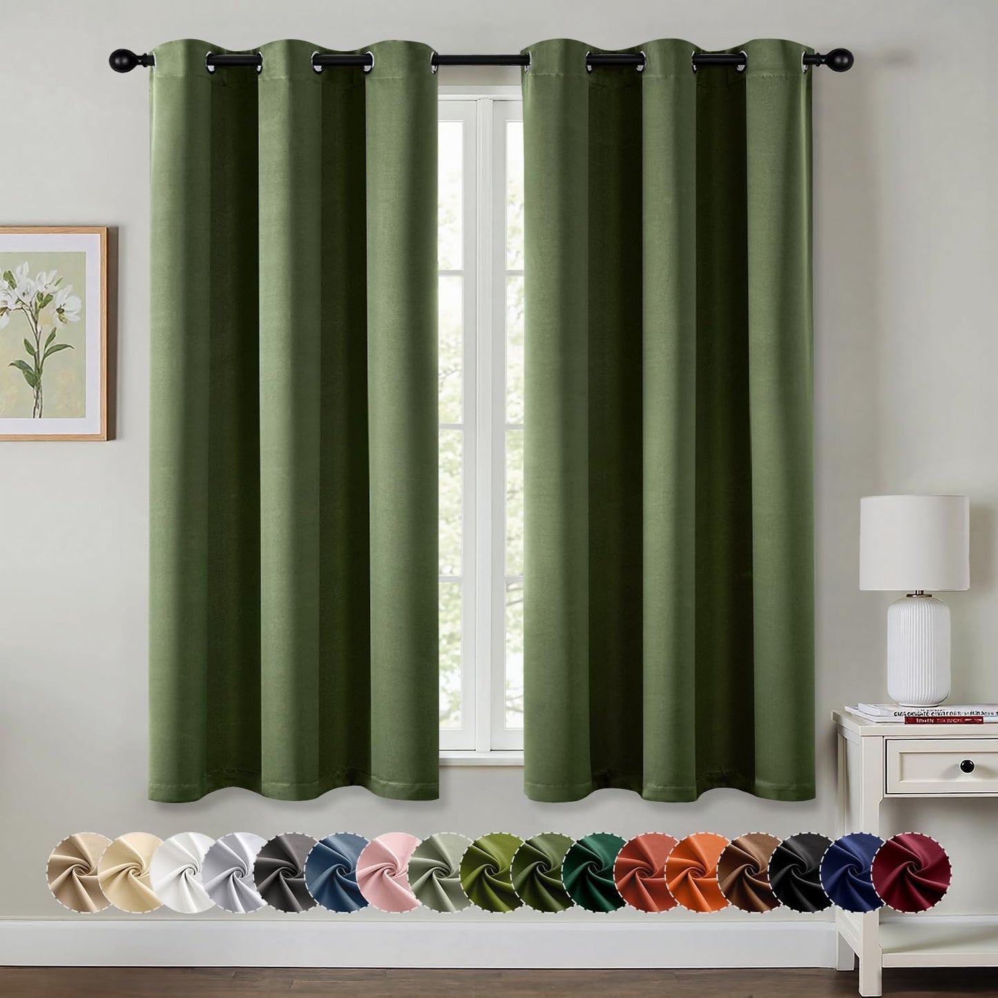 MIULEE Olive Green Blackout Curtains - Thermal Insulated Room Darkening Drapes | 40 x 45 Inches, 2 Panels