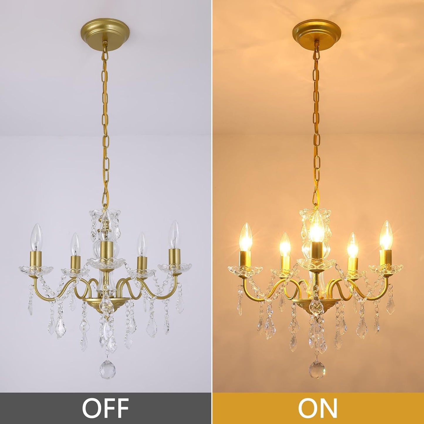 Plug in Modern 3-Light Gold Chandelier with Glass Crystals, Candle Style Pendant Light Fixtures for Living Room, Girls Room, Kitchen Island, Entryway