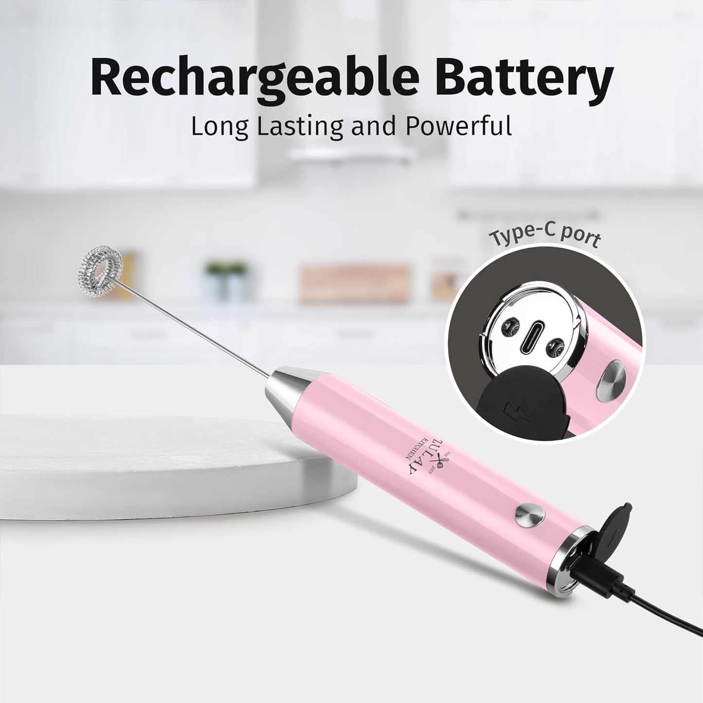 Zulay Kitchen Rechargeable Milk Frother - Powerful 2-Speed Motor, Waterproof, 2000mAh Battery | Pink Bubblegum for Lattes & Cappuccinos