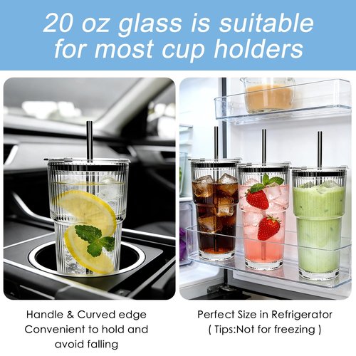 Accguan 20oz Ribbed Glass Tumbler with Straw and Lid,Glass Cup,Reusable lced Coffee Cups with lids-Glass Cups with Lids for Smoothie,Coffee,Juice,Tea,Travel Mug,Cold & Hot Beverages, 6Pack