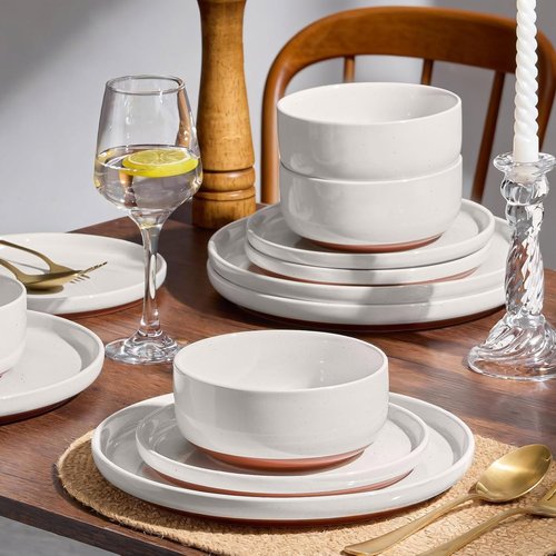 E-far 12-Piece Stoneware Dinnerware Set - Chip & Scratch Resistant, Microwave & Dishwasher Safe, Speckled White