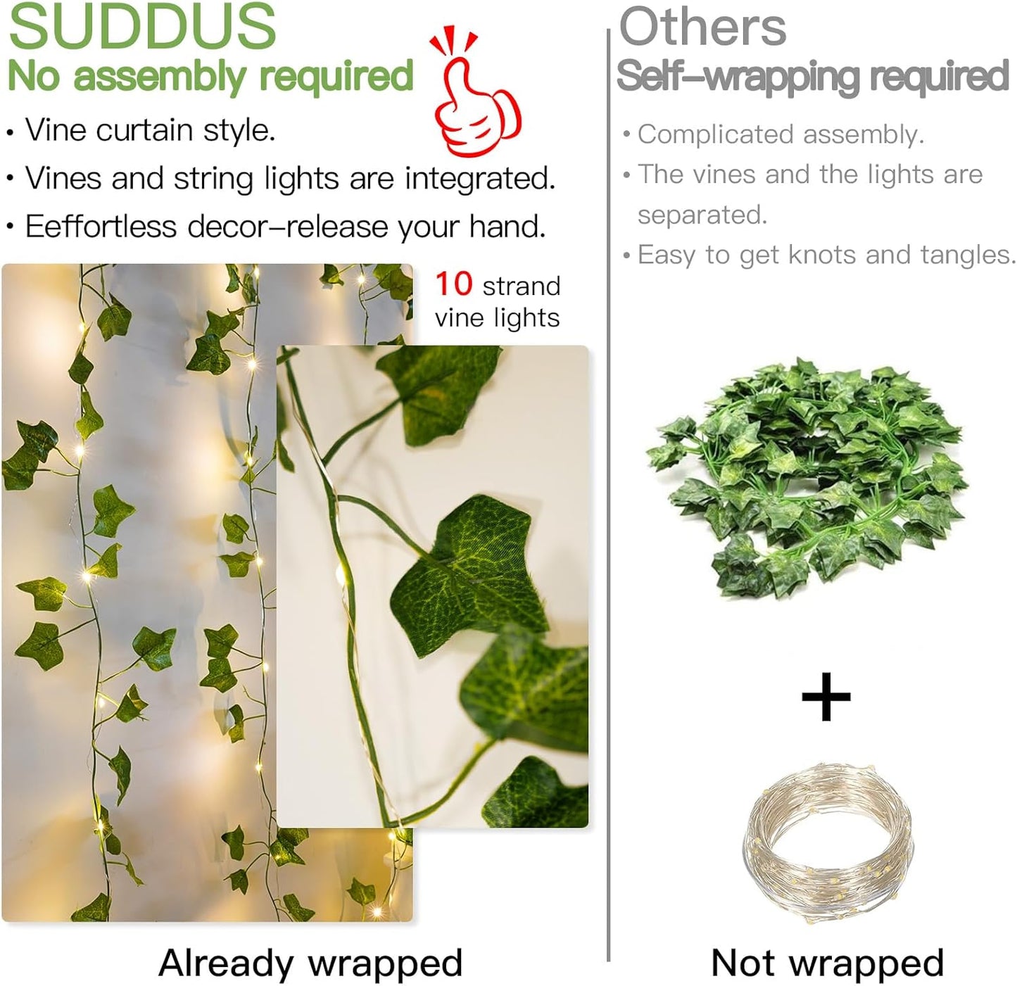 Suddus LED Fairy Lights Vines - 200 Warm White Lights for Bedroom, Dorm, Wedding & Party | 6.5ft x 6.5ft