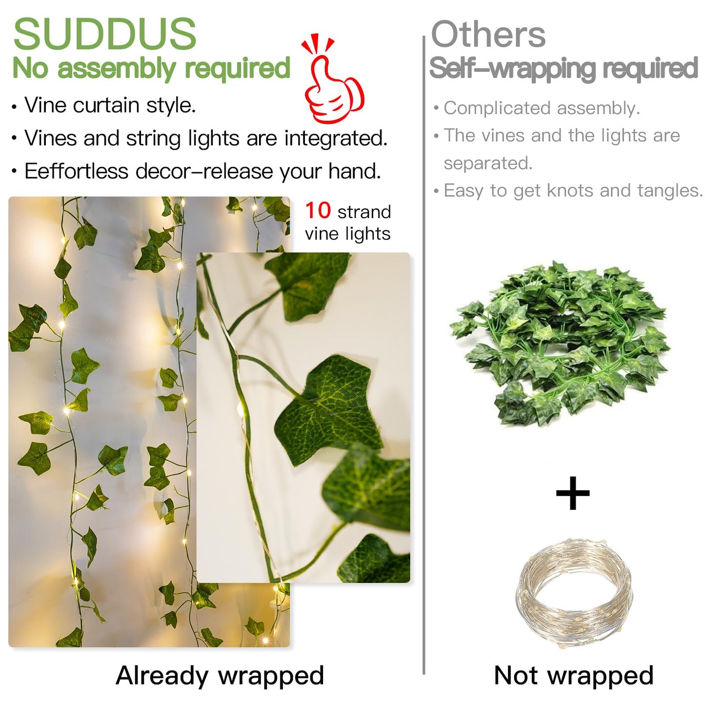 suddus Vines with Light for Bedroom, 200 LED Fairy Lights with Vines, Ivy Curtain Lights for Dorm, Wedding, Party, Wall, Indoor, Outdoor Decor, 6.5ft x 6.5ft