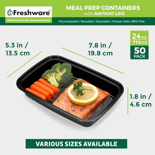 Freshware Meal Prep Containers - 50 Pack, 1 Compartment, BPA Free, Stackable, Microwave/Dishwasher Safe | 24 oz