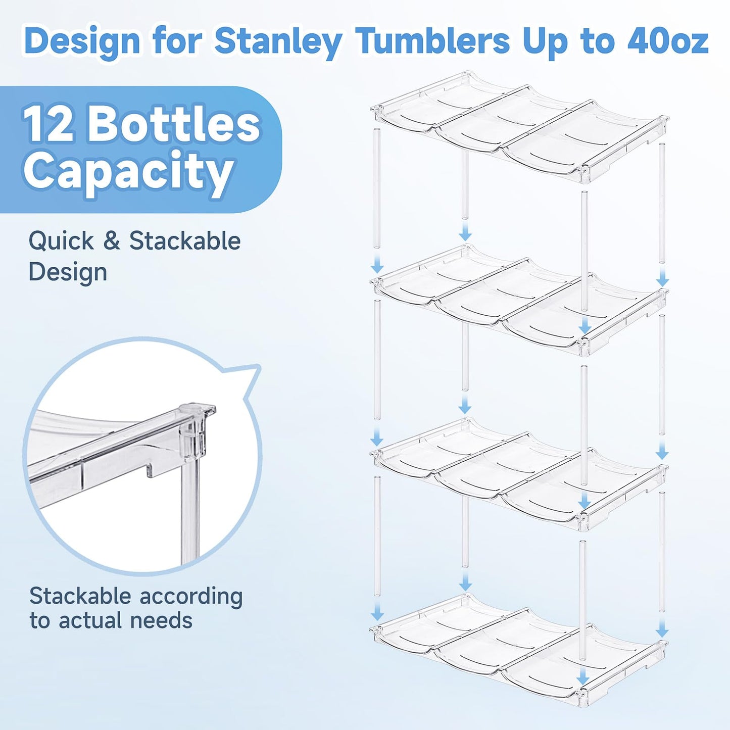 Stackable Water Bottle Organizer for Stanley 40 oz Tumbler, Water Bottle Holder for Cabinet, Pantry Kitchen Organizers and Storage for Stanley Cup Accessories, Tumbler Organizer and Wine Rack, 4Pack