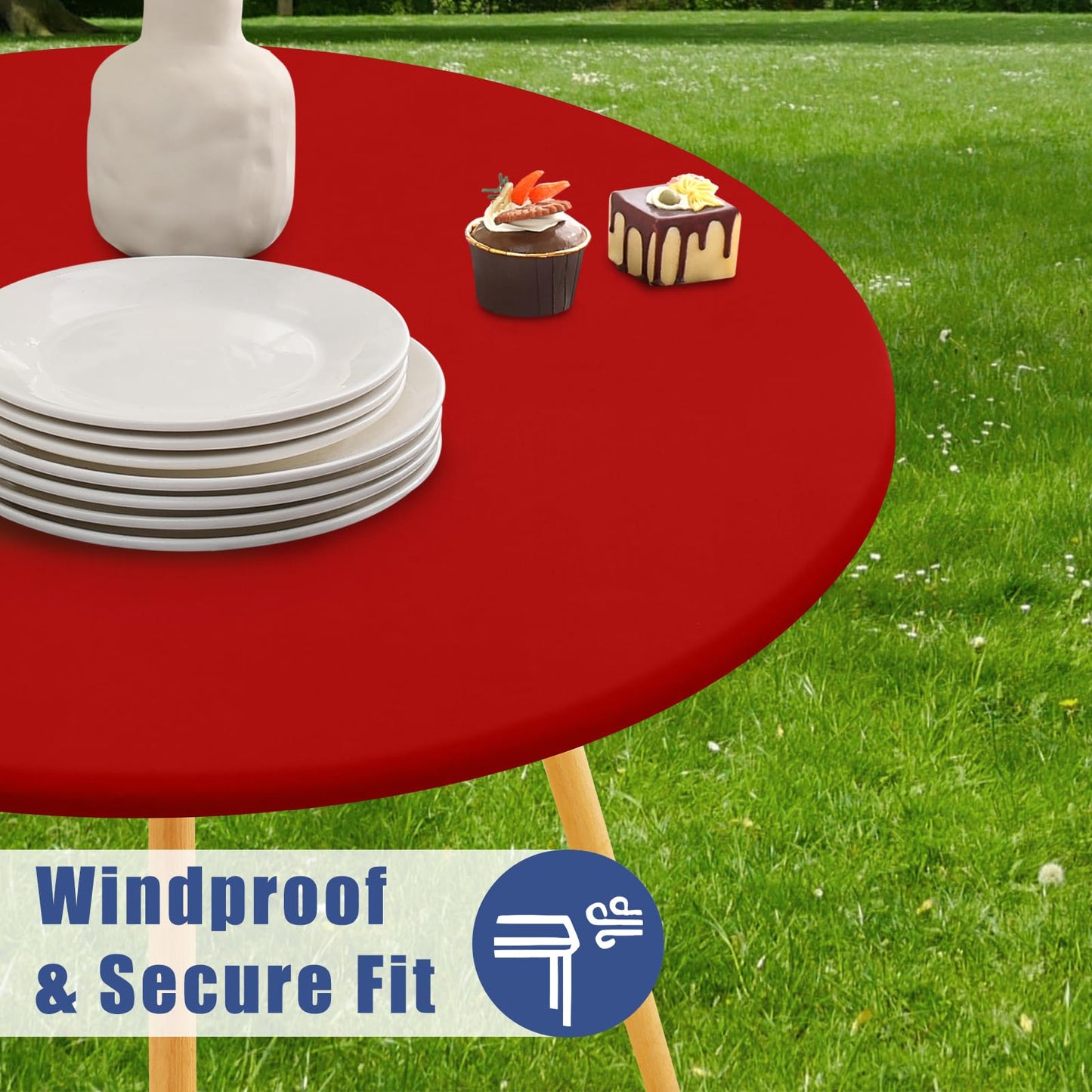 Moosfor Round Spandex Tablecloth, Elastic Fitted Waterproof Tablecloths for 45"-56" Tables, Stretch Washable Picnic Table Cover for Camping, Dining, Indoor and Outdoor, Red