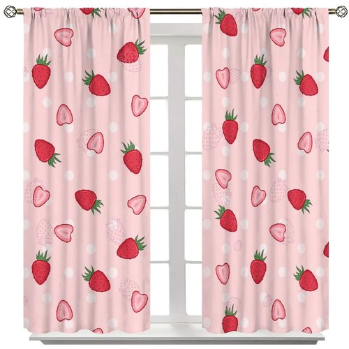 INSFBRB Pink Red Strawberry Rod Pocket Blackout Curtains for Living Room,Insulated Girls Cartoon Cute Fruit Strawberry Print Bedroom Curtains,2 Panels 45L x 21W