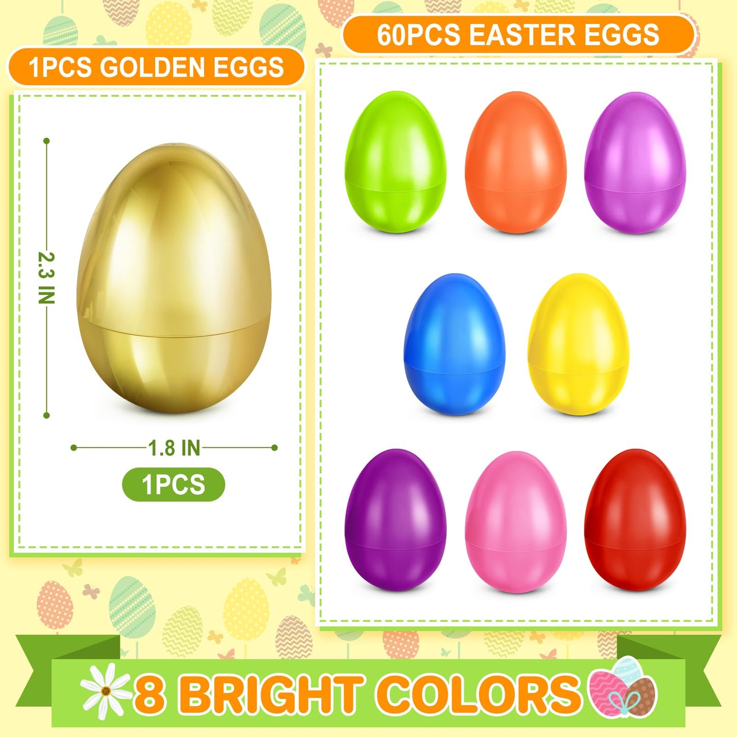 SpringFlower 61 PCS 2.3" Plastic Easter Eggs With Golden Easter Eggs, Empty Easter Eggs Fillable, Colorful Bright Plastic Eggs Bulks for Easter Hunt, Easter Basket Stuffers, Easter Party Favor