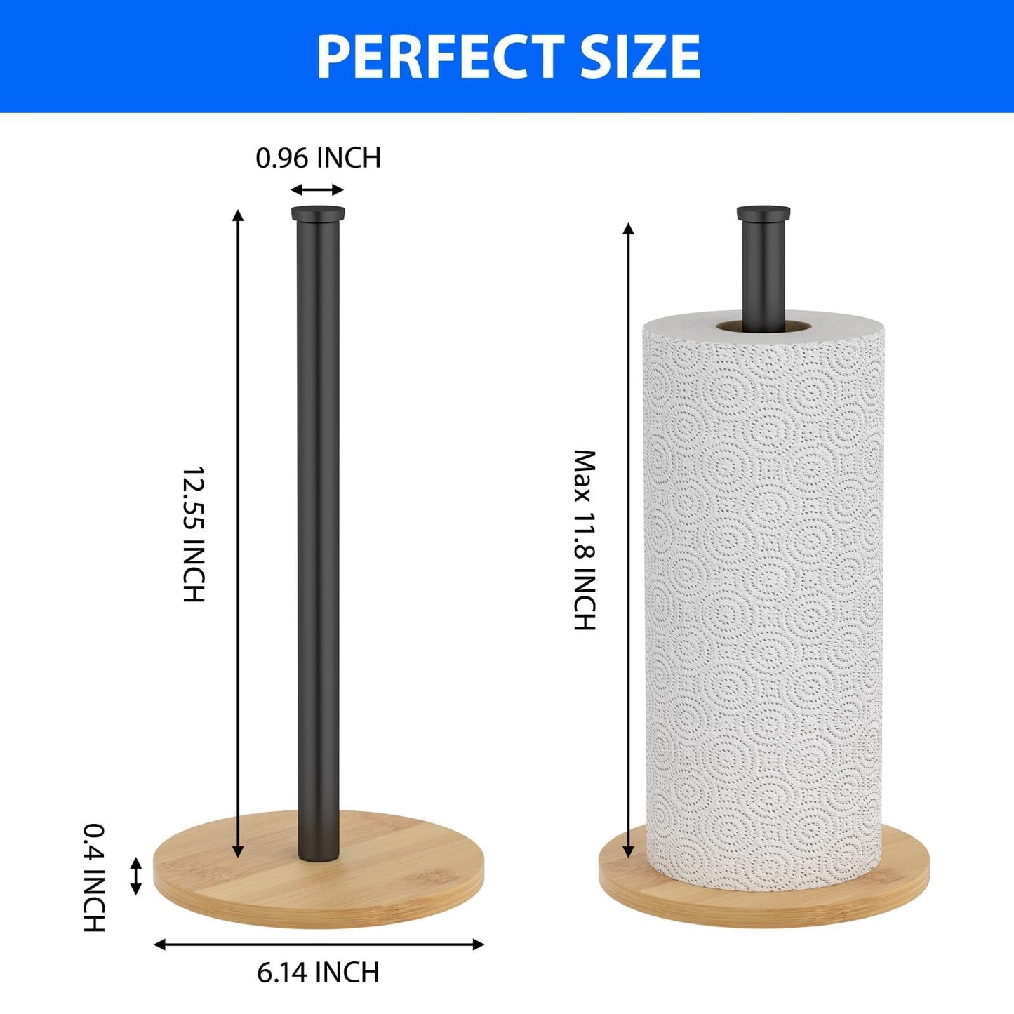 CHIKESI Wooden Paper Towel Holder Countertop, Black,Non-Slip Base, Stainless Steel, FreeStanding, Easy Install, Durable, Ideal for Home,RV,Bathroom,Farmhouse Essentials Decor Accessories