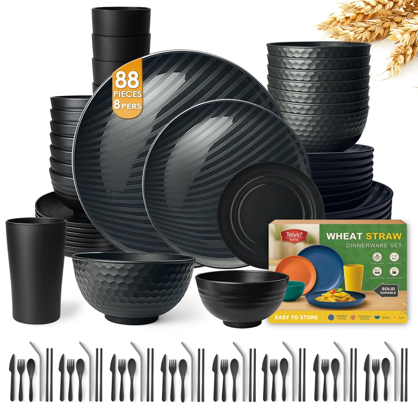 Teivio 88-Piece With Flatware Kitchen Plastic Wheat Straw Dinnerware Set for 8, Dinner/Dessert/Appetizer Plates, Cereal Fruit Bowls, Pasta Bowls, Cups, Unbreakable Dishwasher Safe Outdoor Dish, Black