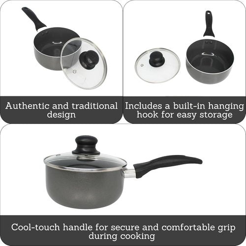 IMUSA Gray Ceramic Saucepan - 1.5 Qt Nonstick Pot with Glass Lid & Cool-Touch Handle for Sauces, Soups, Stews