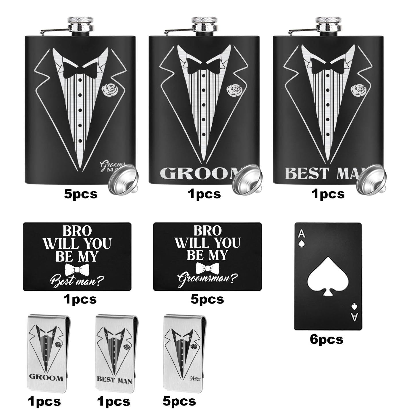 33 Pcs Groomsmen Proposal Gift - 8 Flasks 8 Funnel 8 Bottle Opener 6 Invitation Card 7 Money Clip, Groomsmen Gifts Set of 7 for Wedding