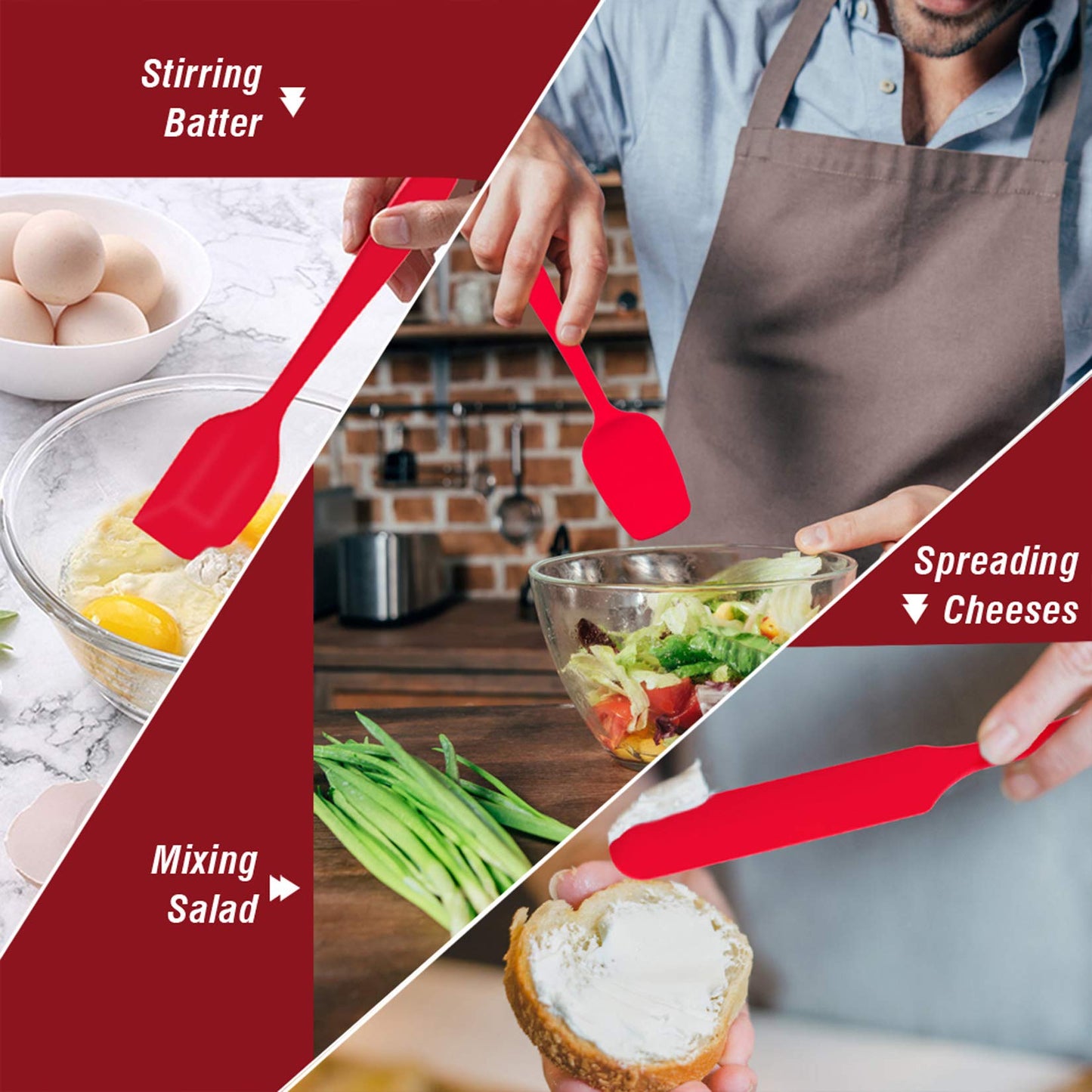 Silicone Spatula Set of 7, P&P CHEF Heat-Resistant Rubber Spatulas Kitchen Utensils Set for Non-stick Cooking Baking Mixing, Seamless & Flexible Design, Dishwasher Safe, Red