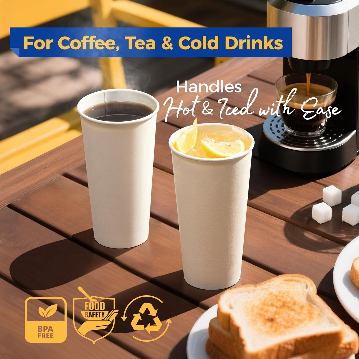 Fit Meal Prep 100 Pack 24 oz Disposable Paper Coffee Cups, Premium Hot Cups for Hot/Cold Beverage, Durable Thickened White Paper Cup Bulk for Party, Office, Bussines, Cafes, Bistros, Daily Use
