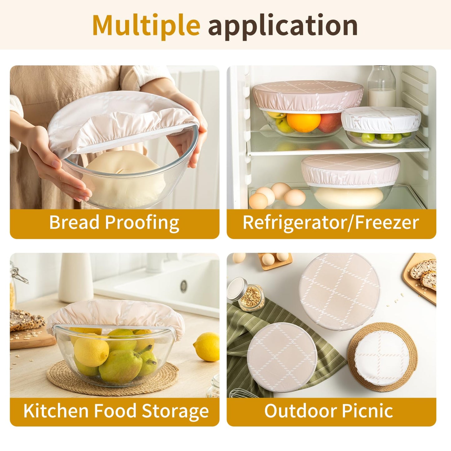 Reusable Bowl Covers for Bread Proofing- 3pc Beeswax Bowl Covers Reusable 8/10/12 Inch, 100% Organic Cotton, Elastic Cover for Sourdough- Shower Caps for Sourdough Bread, Dough Proofing & Food Storage