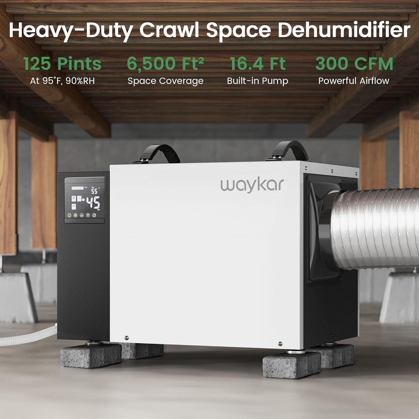 Waykar 125 Pint Dehumidifier - Smart Humidity Control for Basements & Crawl Spaces up to 6,500 Sq Ft | Includes Pump & Drain Hose