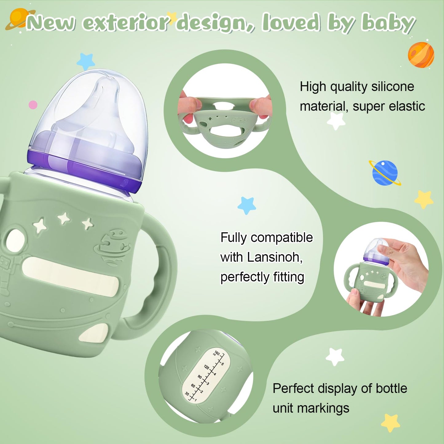 Mity rain3 Pack Silicone Sleeves with Lansinoh Bottle Handles for Lansinoh NaturalWave 5 oz Wide Baby Bottles - Anti-Breakage Protector & Anti-Colic Bottle Holder(Other Products Cannot be adapted)
