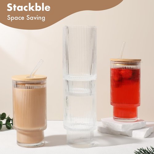 AiMQnLe Glass Cups with Bamboo Lids and Straws - 16 oz Reusable Iced Coffee Cups, Vintage Ribbed Drinking Glasses, To Go Tumbler for Juice, Beer, Coffee, Milk, Cocktail, Water (2 Pack)