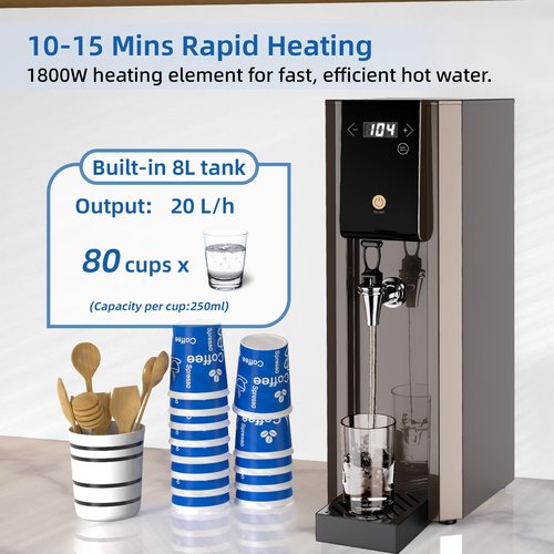 BLEOU 1800W Commercial Hot Water Boiler Countertop, 20L/H Rapid Heating Hot Water Dispenser, 304 Stainless Steel with Adjustable Temperature 104°F-212°F for Boba Tea Coffee Bar Restaurant Office Hotel