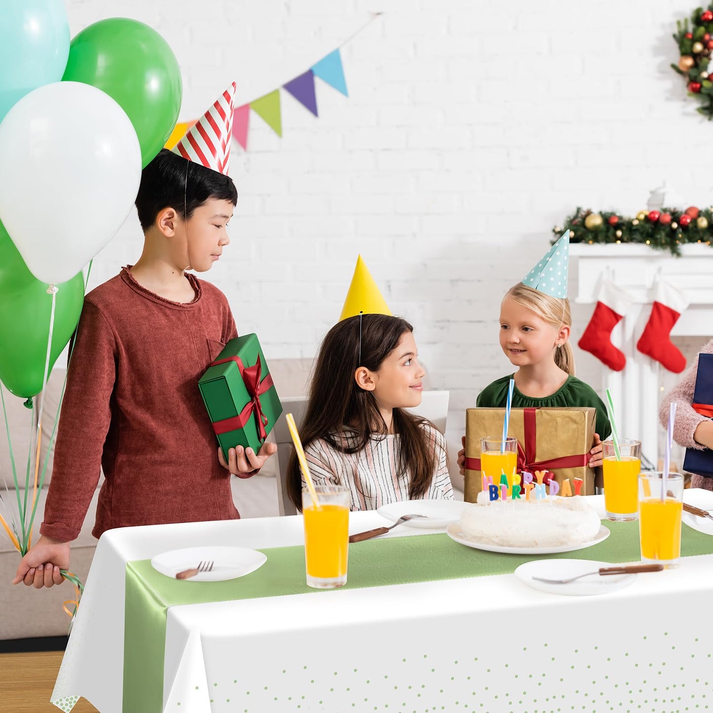8Pack Plastic Tablecloths and Satin Table Runner Set Disposable White and Sage Green Dot Table Cloth Green Satin Table Runner for Wedding Birthday Baby Shower Anniversary Holiday Party Decorations