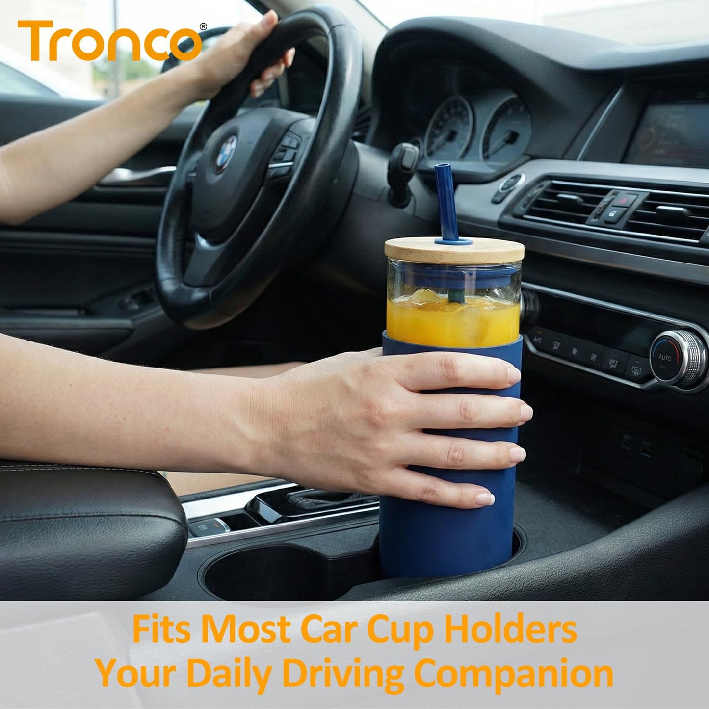 Tronco 24 oz Glass Tumbler with Lids and Straw, Reusable Iced Coffee Cup & Smoothie Cup with Bamboo Lid, Silicone Sleeve, Dishwasher Safe, BPA-Free Borosilicate Glass, 1 Pack